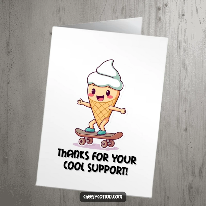 Funny Free Printable Thank You Card: A happy ice cream cone character smiling while riding a skateboard.