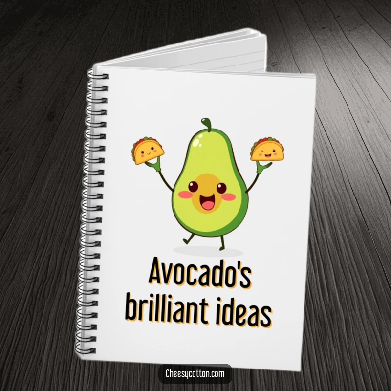 Funny avocado taco juggling notebook, showing a cute avocado juggling tacos, perfect for jotting down witty ideas.