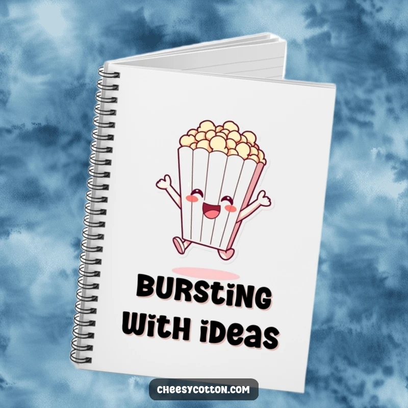 Funny notebook showcasing a cheerful popcorn bag character excitedly leaping, ideal for writing.