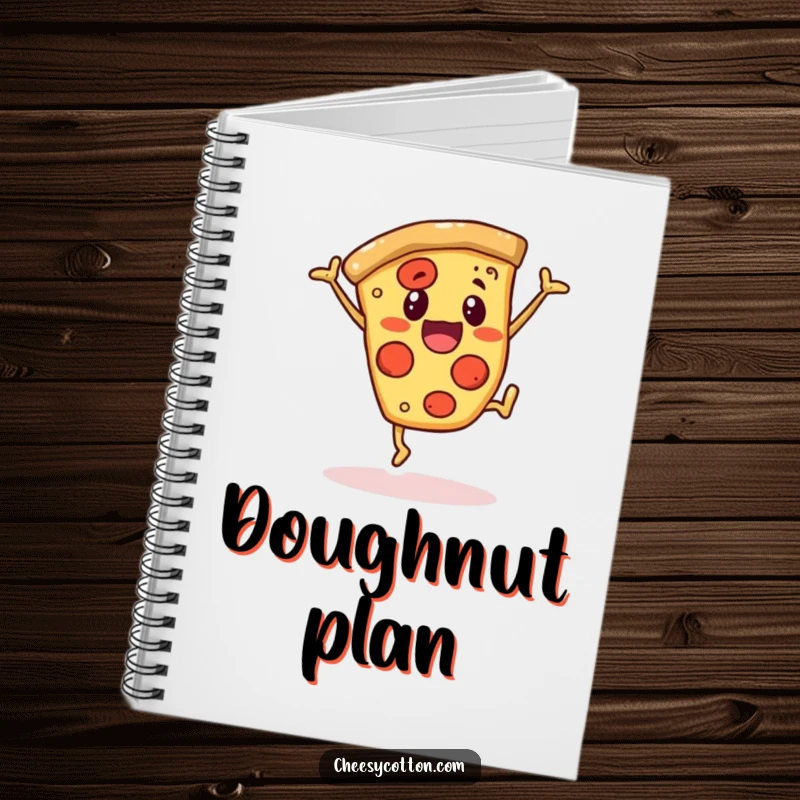 Funny notebook with a cover showing a cheerful pizza slice character doing a cartwheel, encouraging creative and food-loving note-taking.