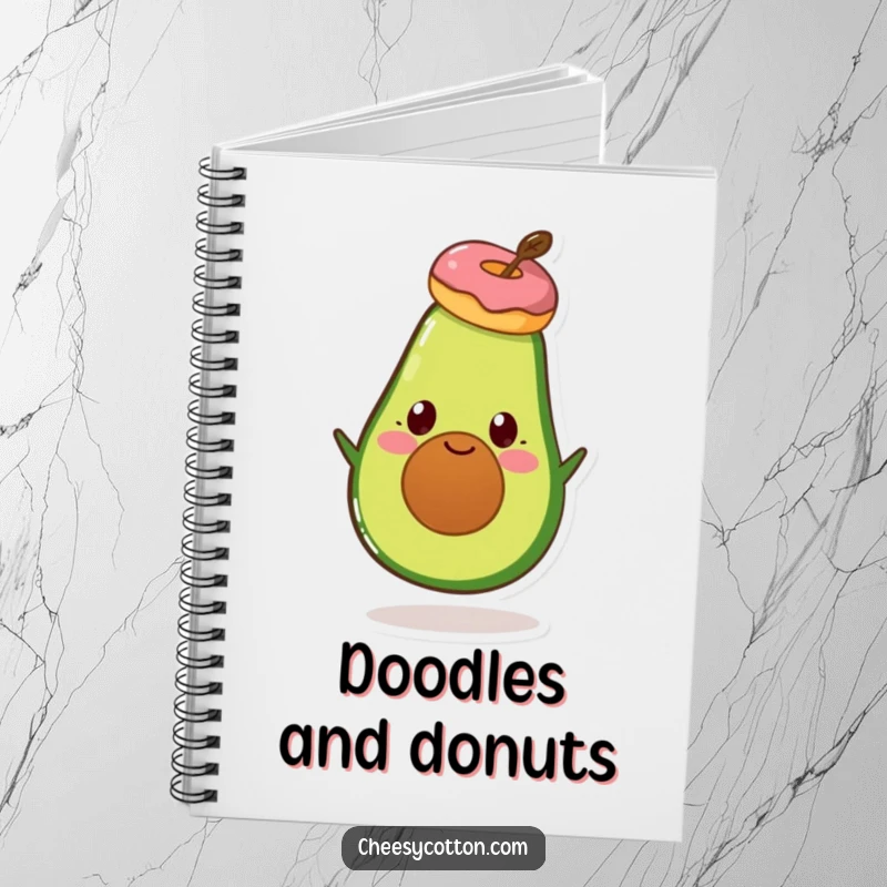 Funny Avocado Donut Notebook: A notebook with a cover depicting a smiling avocado character balancing a donut on its head.