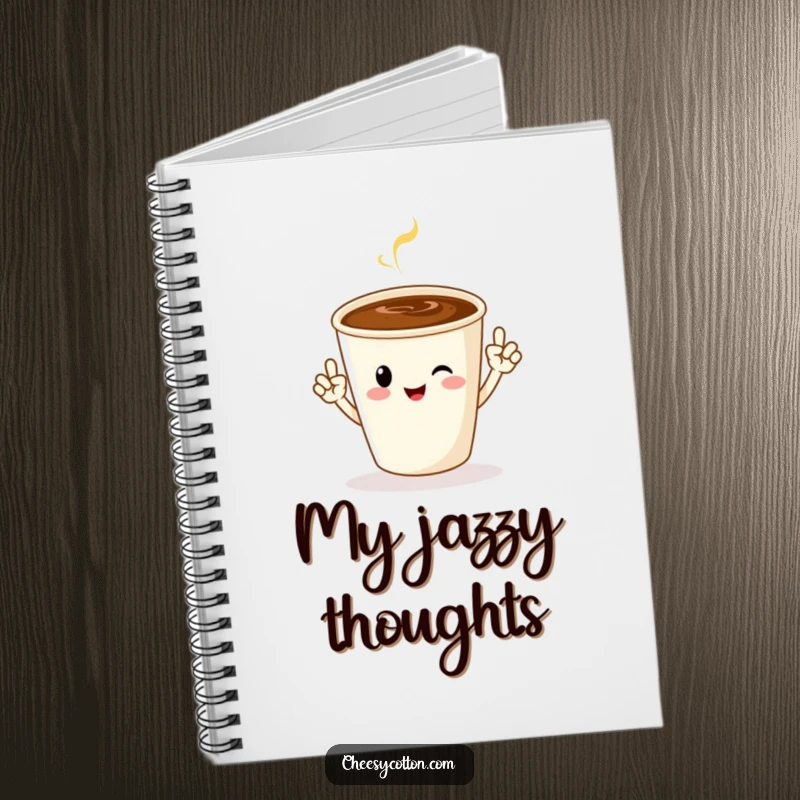 Funny notebook featuring a cheerful coffee cup character doing jazz hands, ideal for notes, plans, and doodles.