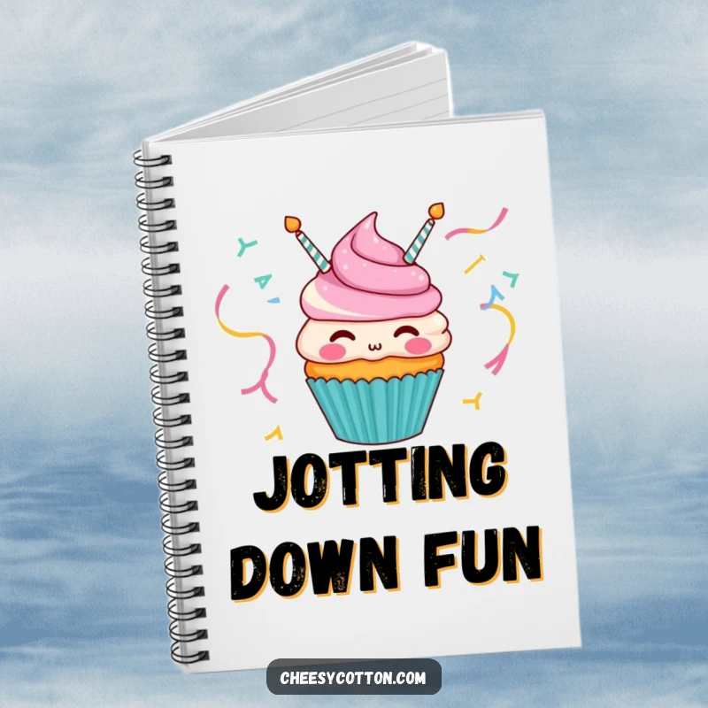 Funny notebook showcasing a happy cupcake character blowing party streamers, ideal for writing and sketching.