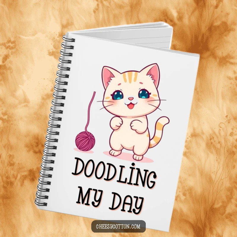 Funny Notebook cover featuring a cute kawaii cat character playfully swatting a dangling yarn ball, inspiring creative and fun note-taking.