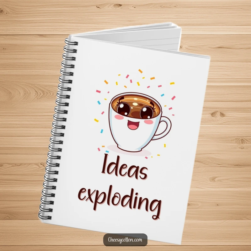 Funny excited kawaii coffee cup cheering with confetti, featured on a notebook cover for jotting down cheerful ideas.