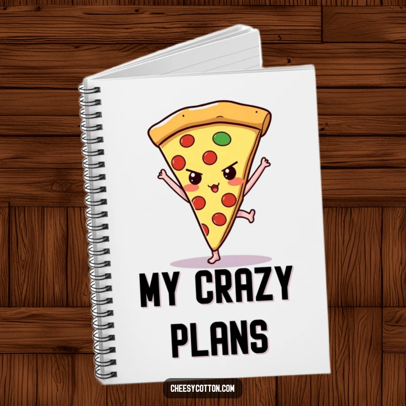 Funny kawaii pizza slice attempting a handstand on a notebook cover, ideal for jotting down determined plans.
