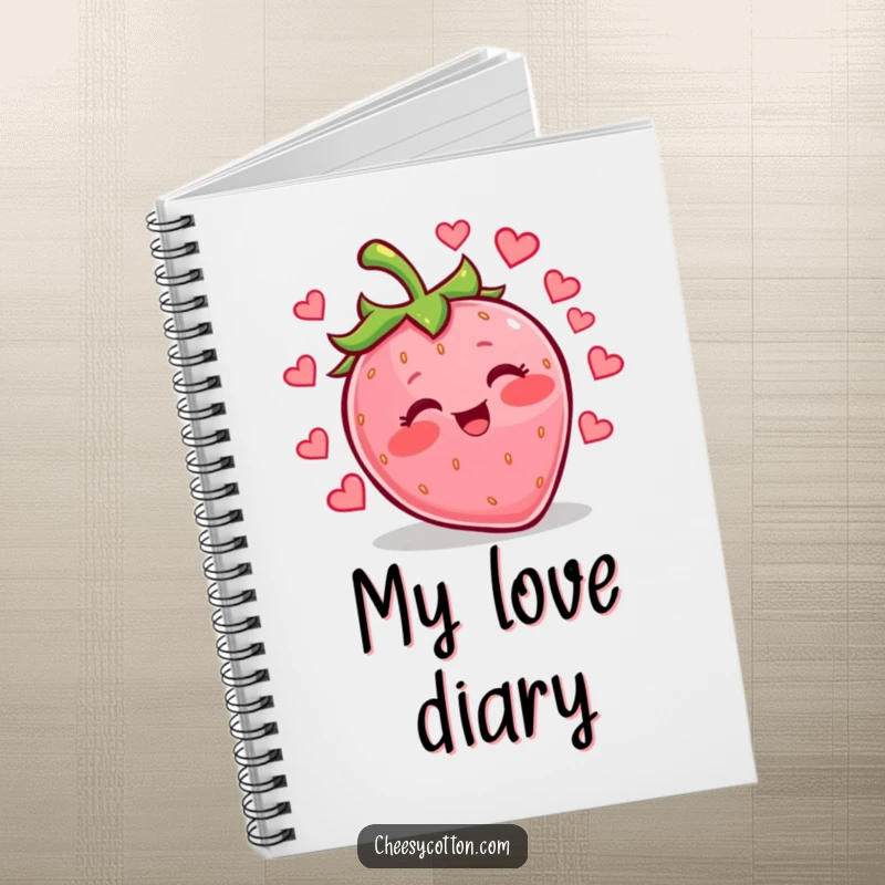Funny kawaii strawberry juggling hearts on a notebook cover, ideal for jotting down sweet thoughts and loving notes.