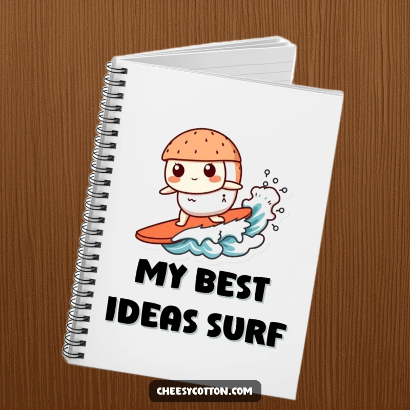 Funny Kawaii Sushi Notebook: A cute kawaii sushi character surfing a tiny wave, perfect for jotting down creative ideas.