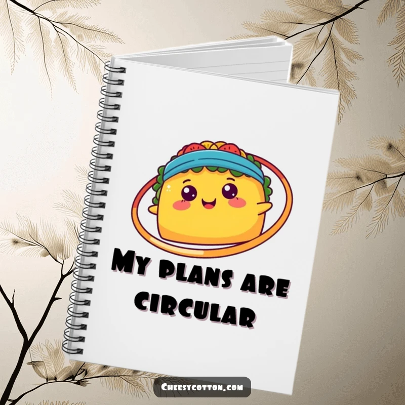 Funny happy kawaii taco spinning a hula hoop, featured on a notebook cover for jotting down fiesta ideas.