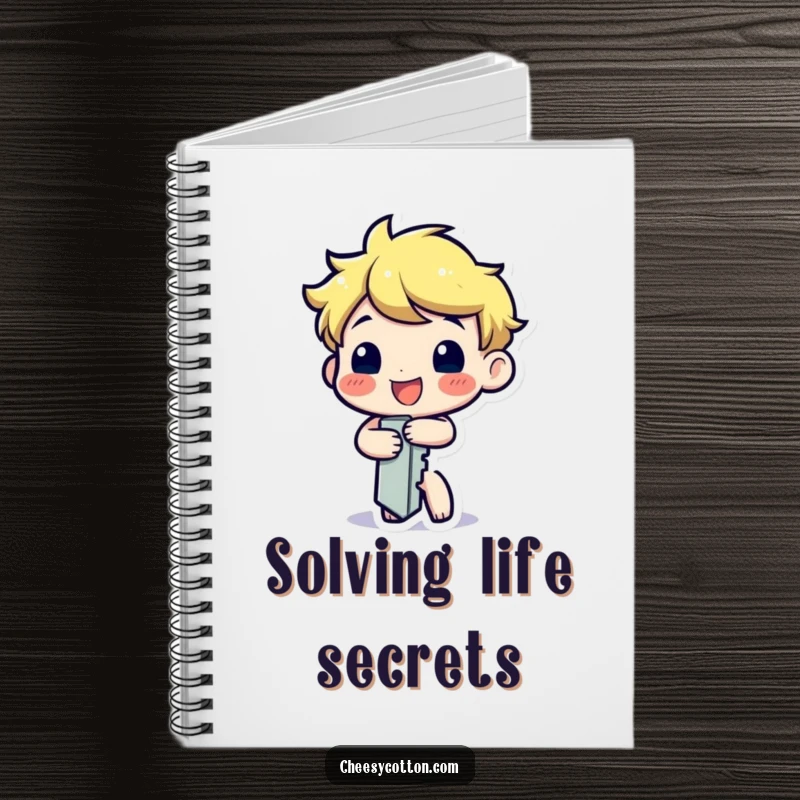 Funny notebook with a cover showing a happy key character cheerfully turning itself, encouraging creative writing and organization.
