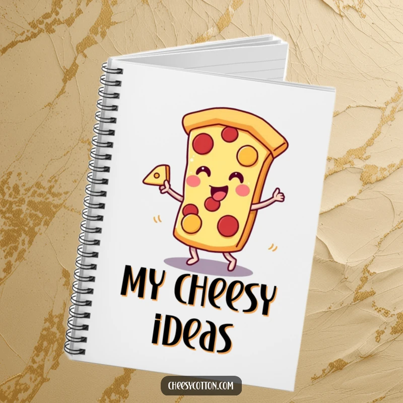 Funny kawaii pizza slice character dancing with cheese, on a lined notebook, perfect for a funny gift.