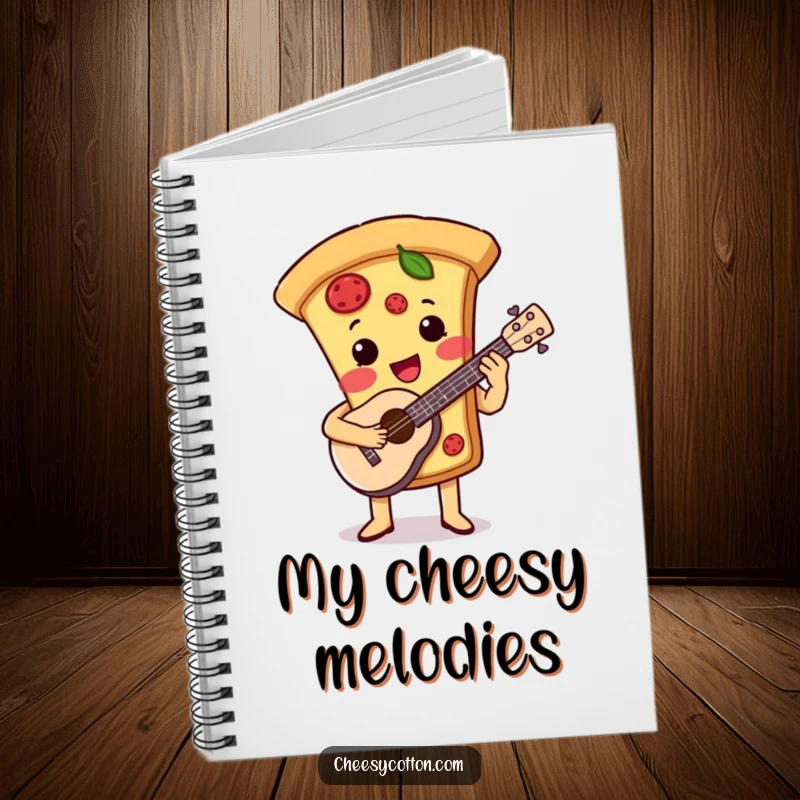 Funny notebook featuring a cute pizza slice character playing a ukulele, ideal for notes, lyrics, and doodles.