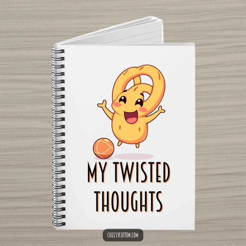 Funny smiling pretzel character joyfully bouncing a rubber ball on a notebook cover, perfect for jotting notes with playful energy.