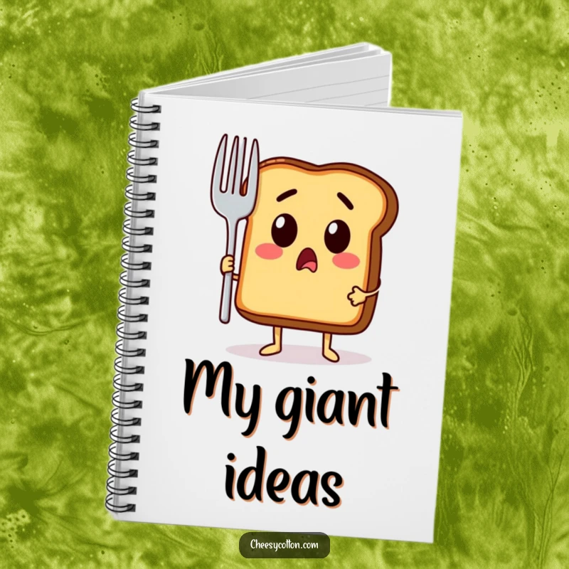 Funny notebook featuring a surprised toast character holding a giant fork, perfect for jotting down notes and ideas.