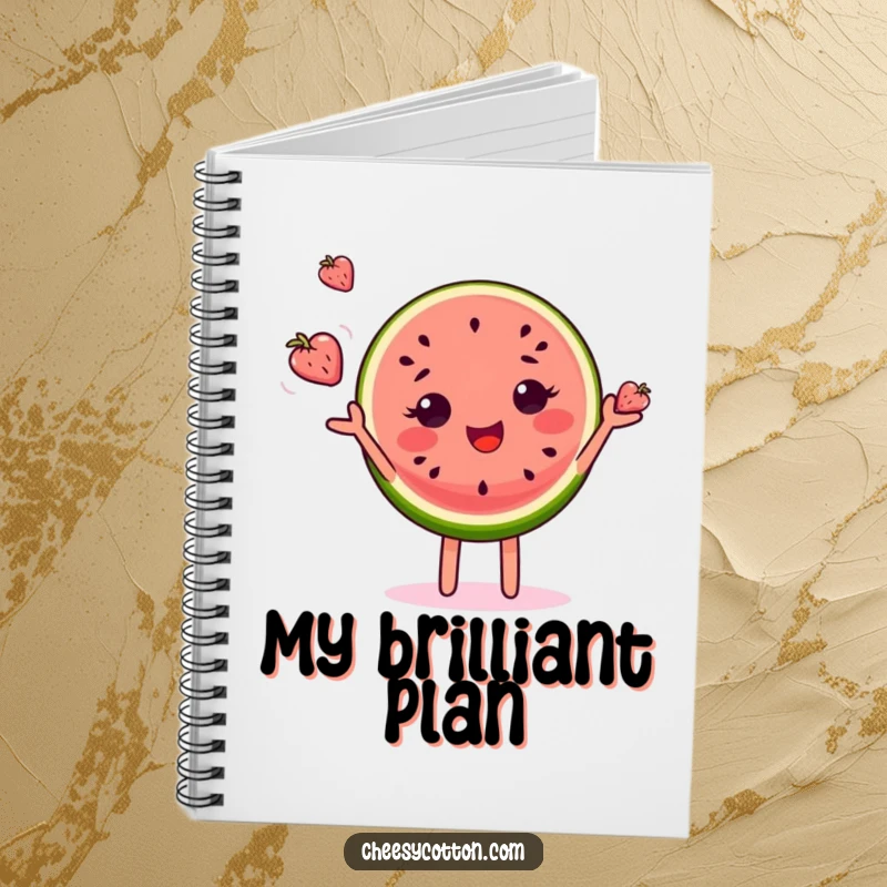Funny notebook with a delighted watermelon slice character juggling tiny fruits, ideal for notes and creative brainstorming.