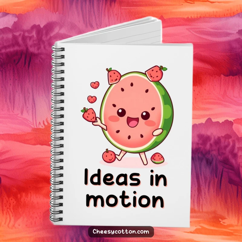 Funny notebook showcasing a delighted watermelon slice character juggling fruits, ideal for writing.
