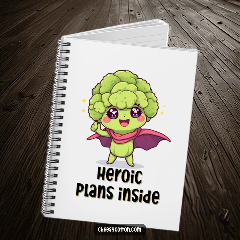 Funny Kawaii Broccoli Notebook: A cute, sparkling broccoli floret in a superhero pose on a journal cover.