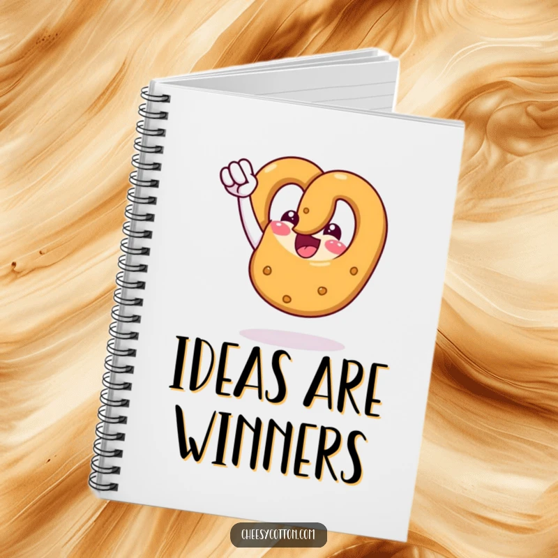 Funny notebook cover with a cheerful pretzel character pumping its fist in the air, symbolizing achievement.