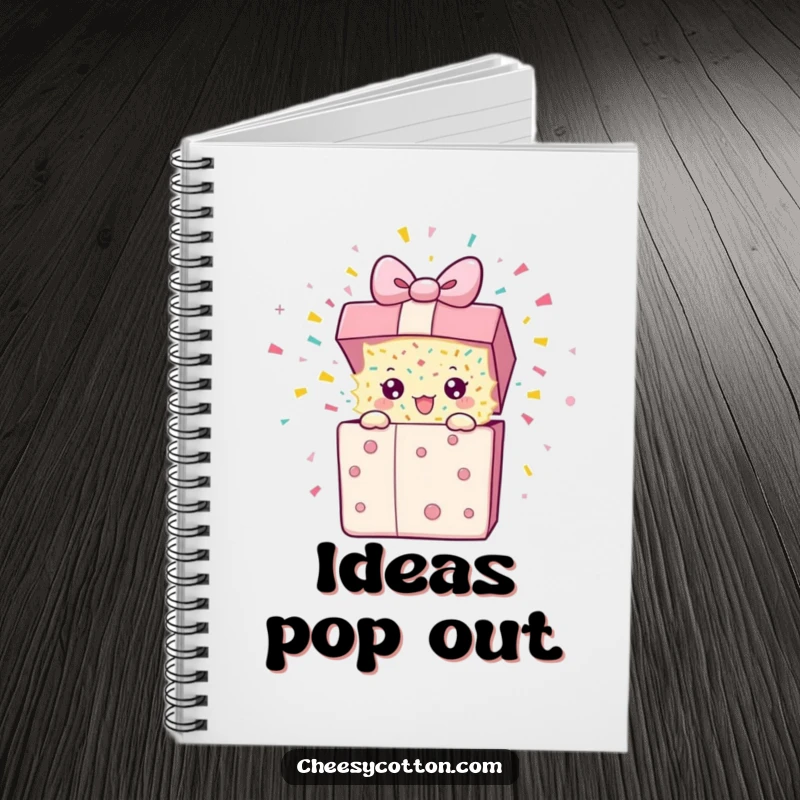 Funny Notebook with a design of a present character exploding confetti, ideal for jotting notes with a humorous touch.