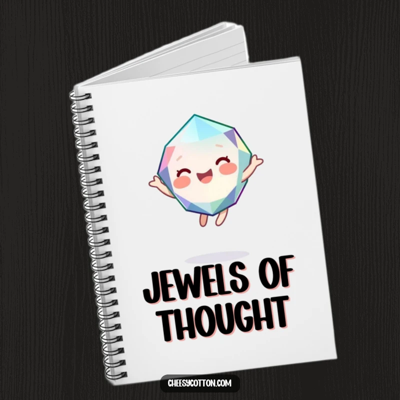 Funny notebook with a cover showing a cute, giggling gemstone character bouncing with pure joy, perfect for creative and happy note-taking.