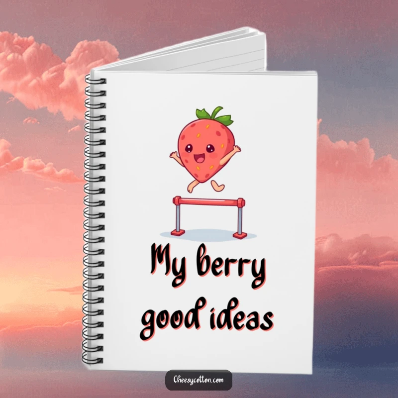 Funny notebook cover showing a kawaii strawberry character leaping over a hurdle, perfect for notes and planning.