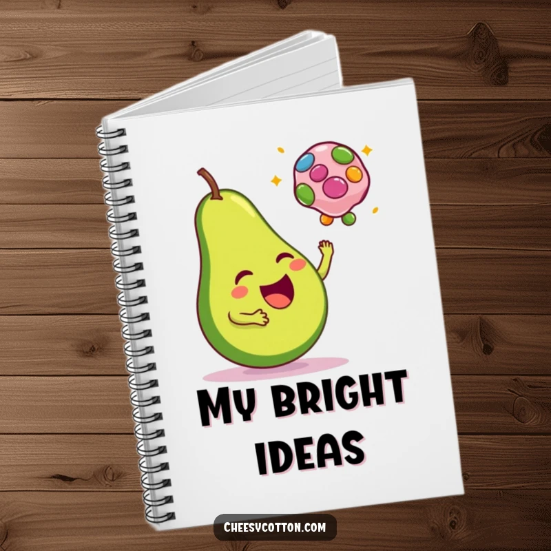Funny notebook cover with a happy avocado tossing a colorful bean bag, great for notes.