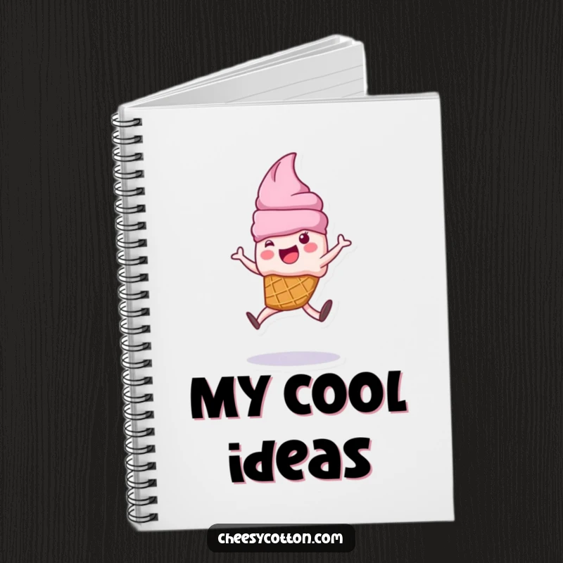Funny ice cream cone character doing a cartwheel on the cover of a notebook, ideal for jotting ideas.