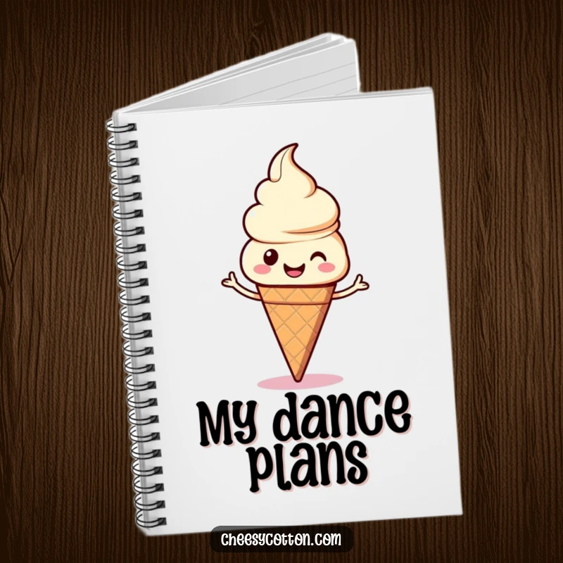 Funny kawaii ice cream cone doing a silly dance on a notebook cover, perfect for jotting down sweet ideas.
