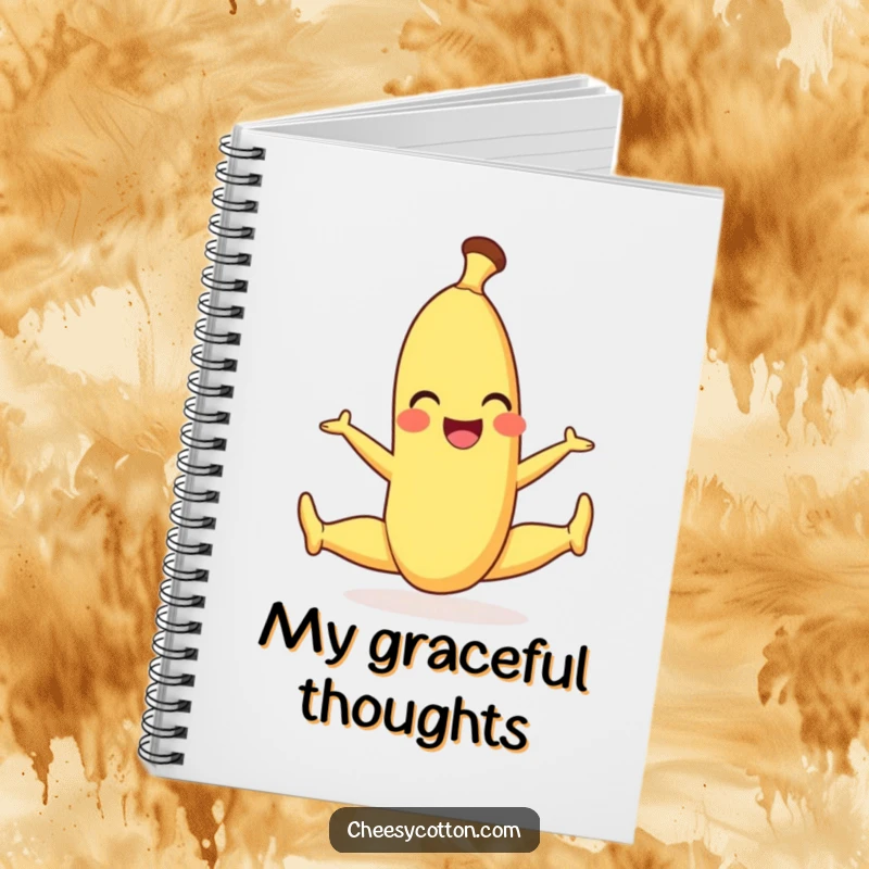 Funny notebook with a smiling banana character performing a playful split, perfect for notes and brainstorming.
