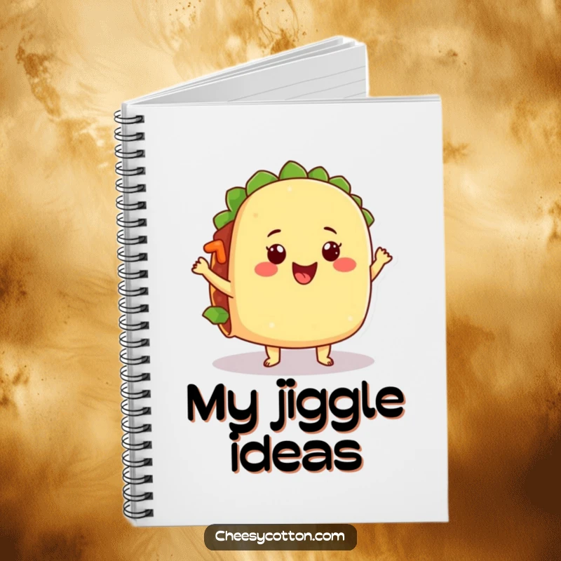 Funny notebook with a happy taco character dancing, its filling comically jiggling, ideal for notes and sketches.