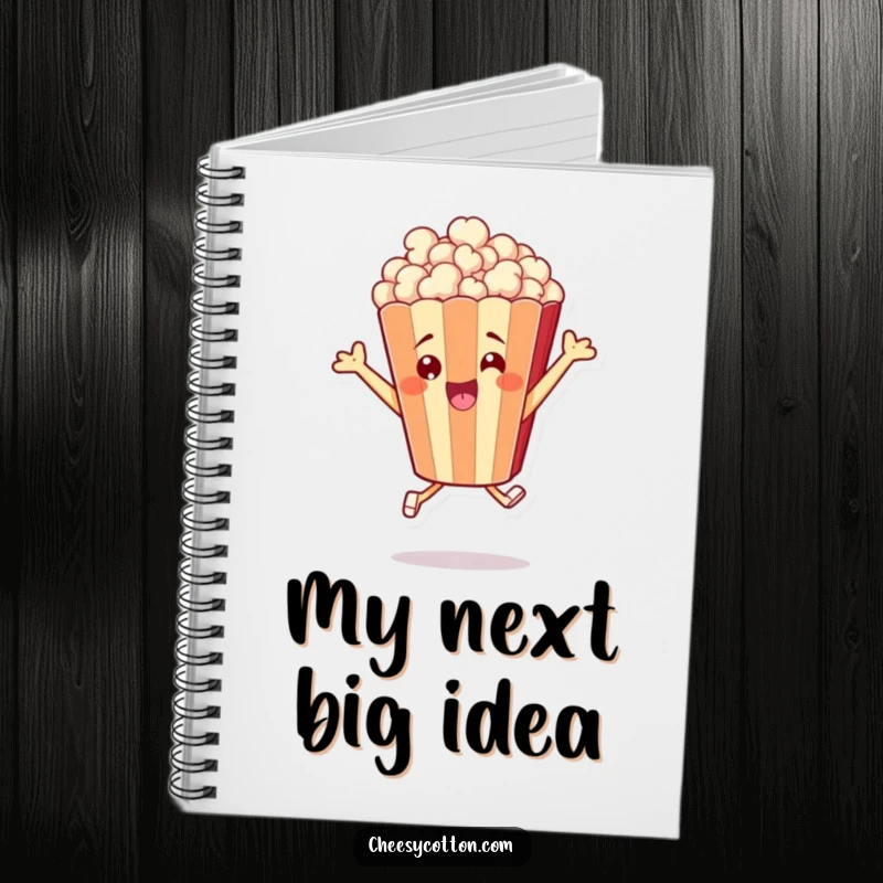 Funny notebook with a cheerful popcorn bag character leaping excitedly, perfect for jotting down notes and ideas.