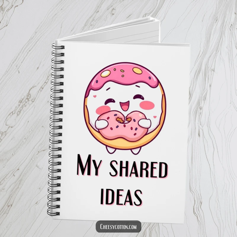 Funny donut character sharing a donut, featured on the cover of a notebook for writing and planning.