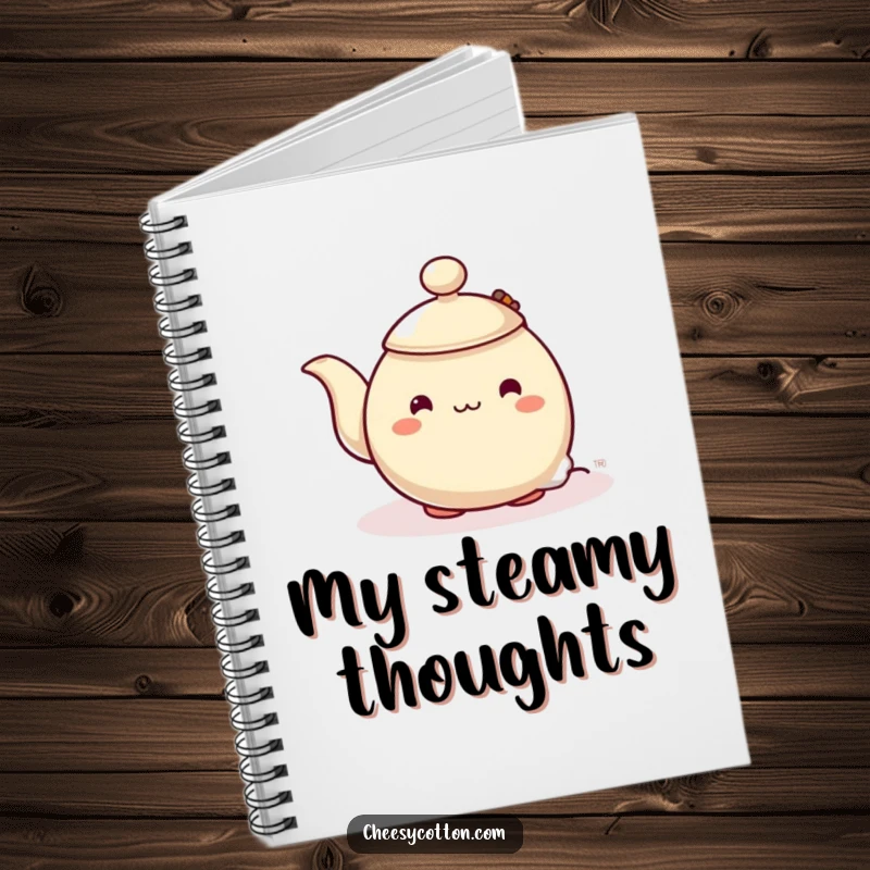 Funny notebook with a shy teapot character adorably peeking from behind a steaming teabag, a delightful companion for journaling and quiet reflection.