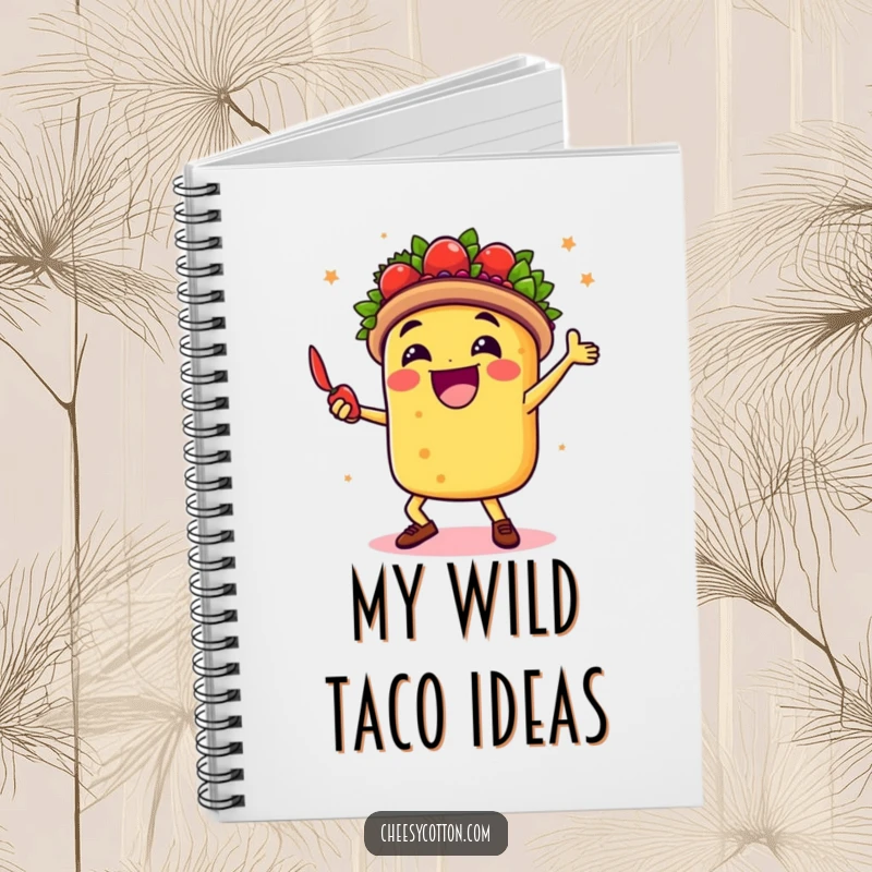 Funny notebook with a happy taco character dancing with a chili pepper, perfect for jotting down fiesta plans and ideas.