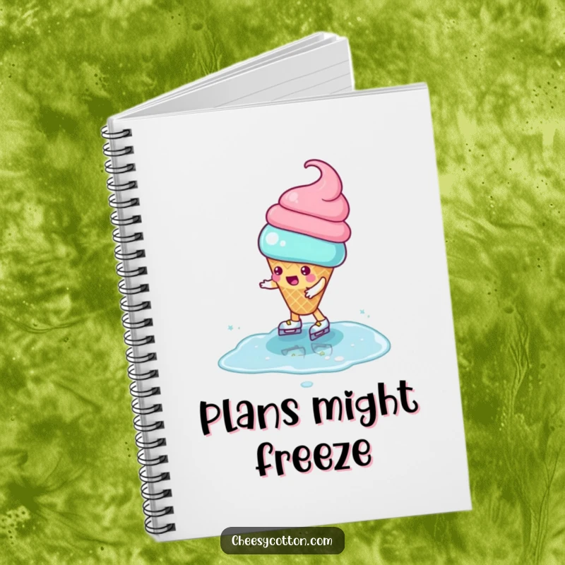 Funny Notebook with a playful ice cream cone character attempting to ice skate on a puddle, great for jotting down ideas.