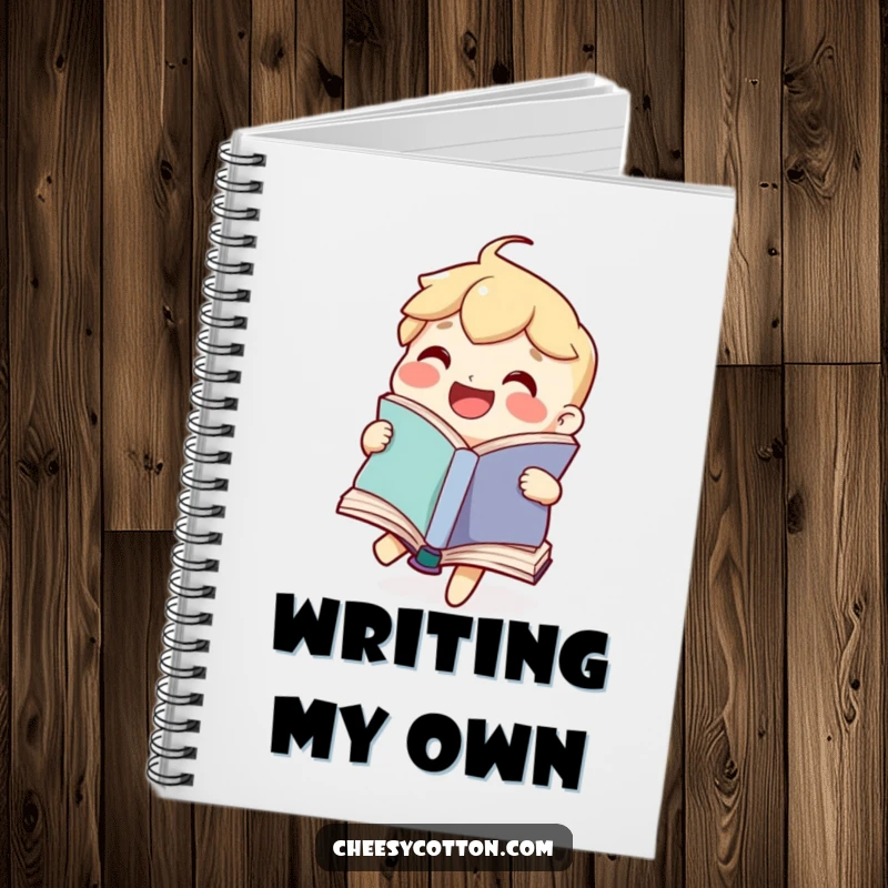 Funny notebook with a cover showing a joyful book character happily flipping its pages, perfect for creative writing and note-taking.