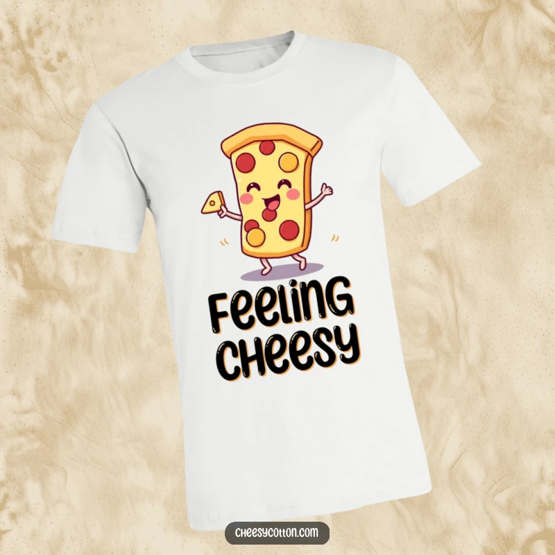 Funny kawaii pizza slice character dancing with glee while holding cheese, on a fun t-shirt, a great funny gift.