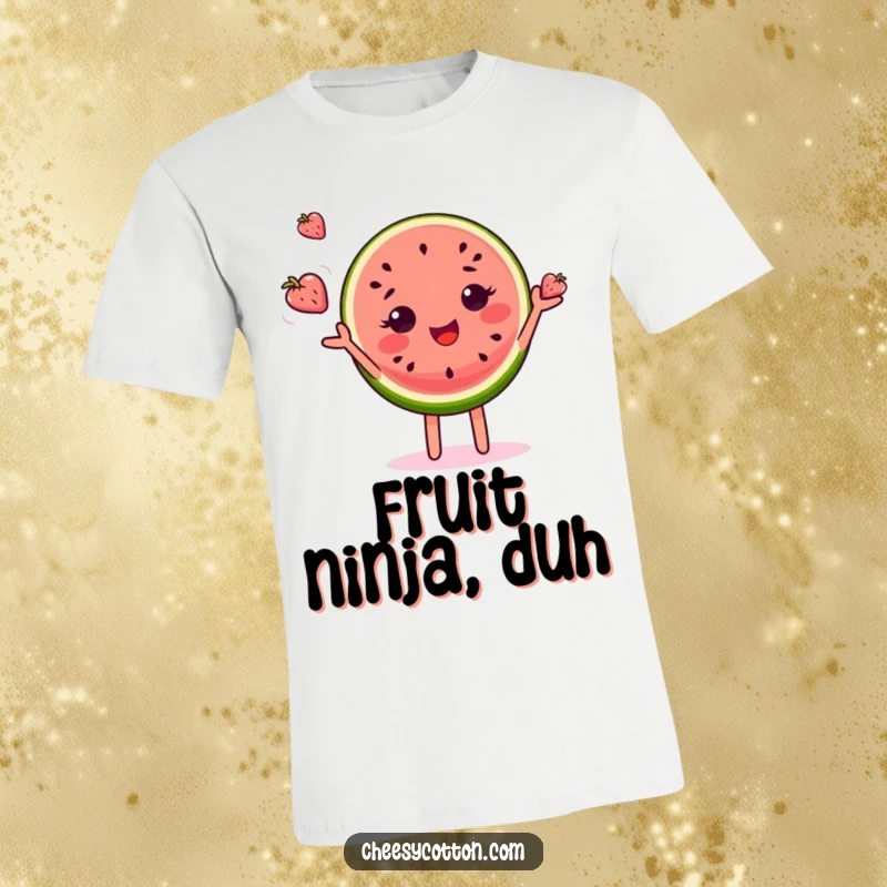 Funny t-shirt showcasing a delighted watermelon slice character skillfully juggling small fruits in a vibrant, cheerful display.