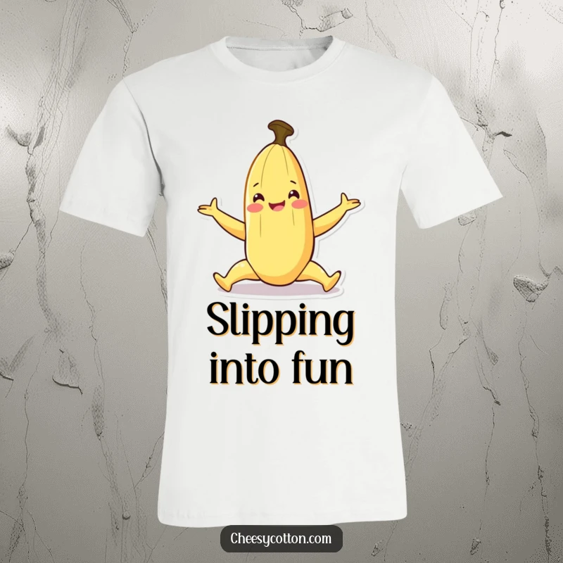 Funny t-shirt with a smiling banana character doing a playful split, embodying flexibility.