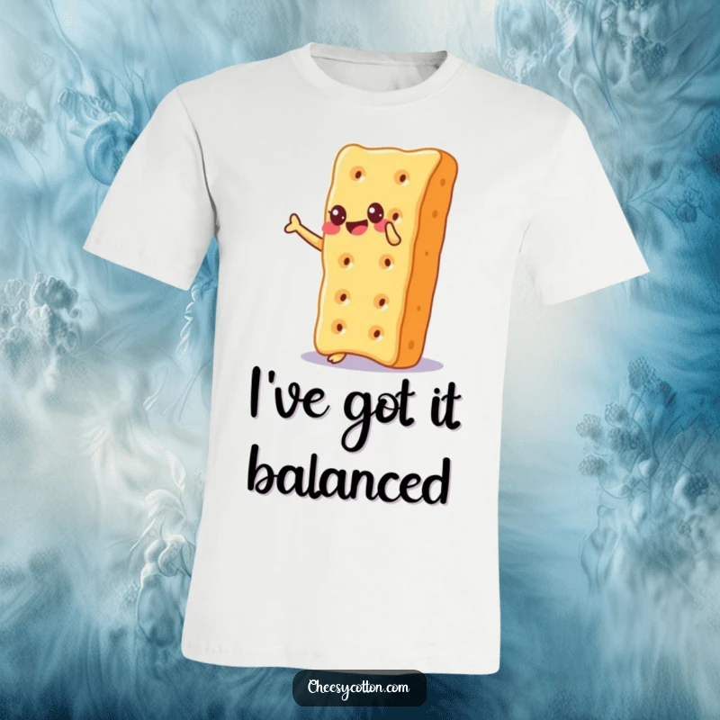 Funny T-Shirt showcasing a cheesy cracker expertly balancing on its corner with an expression of pure glee and amusement.