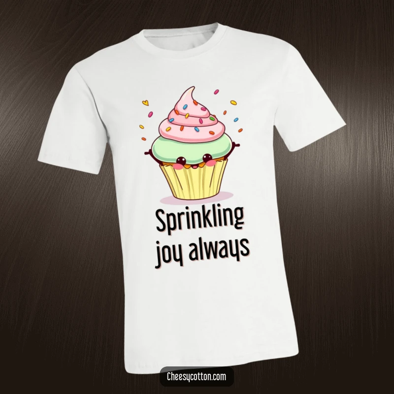Funny t-shirt depicting a happy cupcake character expertly juggling colorful sprinkles with a wide grin.