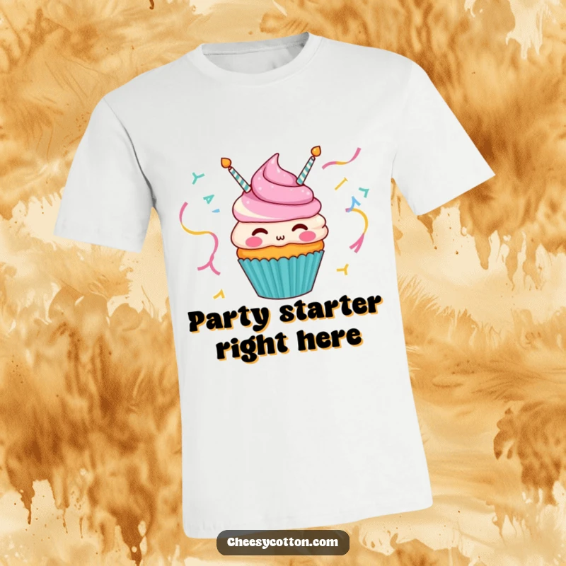 Funny t-shirt with a happy cupcake character enthusiastically blowing colorful party streamers, embodying pure celebration.