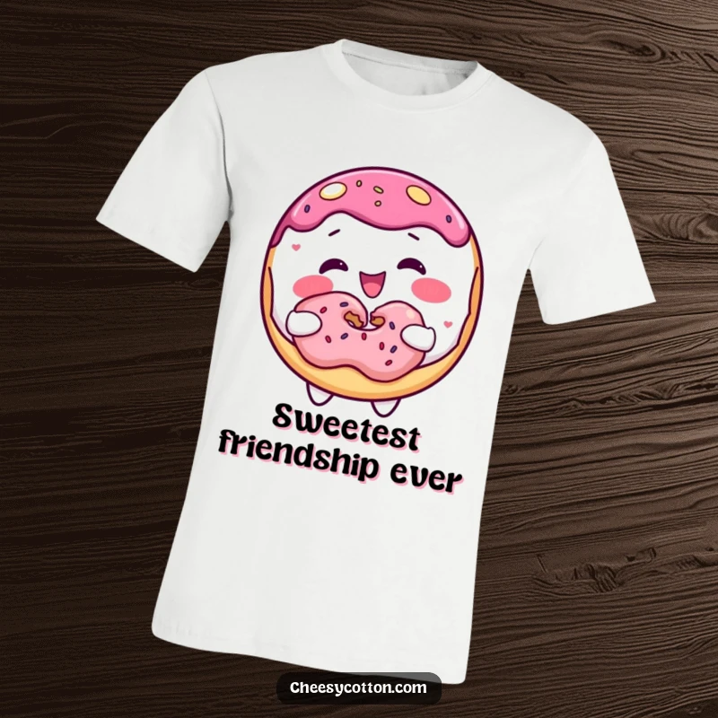 Funny donut character joyfully sharing a donut, illustrated on a t-shirt for a sweet and humorous look.