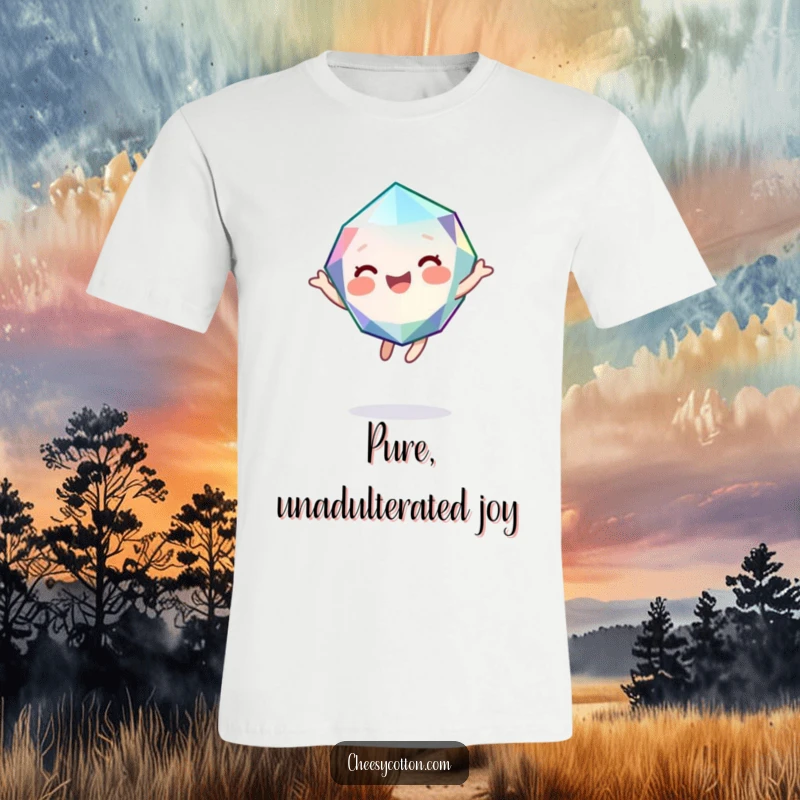 Funny T-shirt featuring a cute, giggling gemstone character bouncing with pure joy, embodying happiness and playful energy.