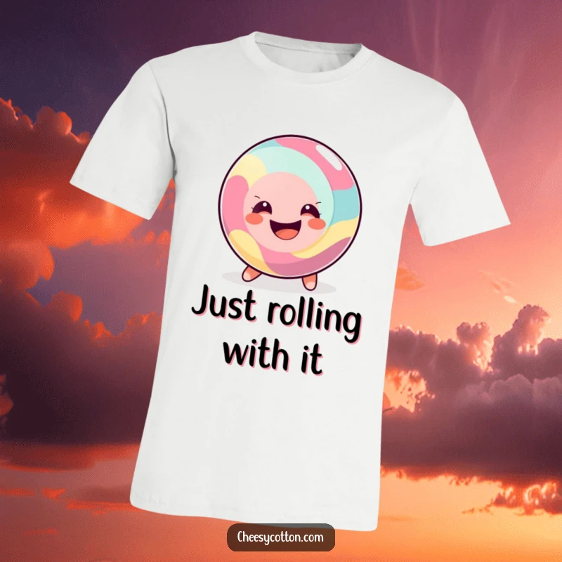Funny T-Shirt depicting a happy, round candy character joyfully rolling along with a huge smile, embodying pure sweetness and fun.