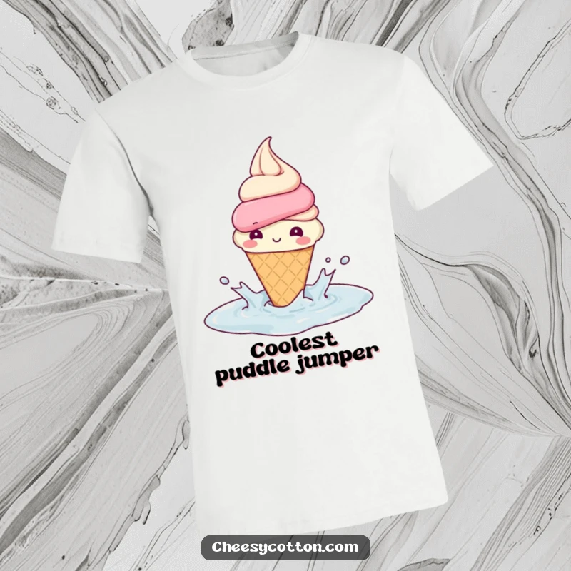 Funny T-Shirt: A beaming ice cream cone joyfully splashes in a puddle, celebrating sweet, carefree moments with delightful energy.