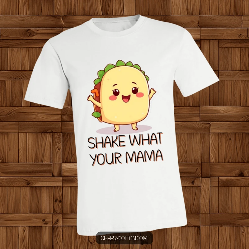 Funny t-shirt showcasing a happy taco character dancing energetically, its filling comically jiggling, perfect for festive occasions.