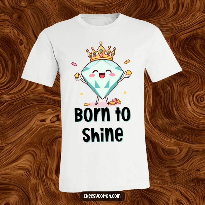 Funny diamond character with a crown tossing snacks, a humorous and dazzling t-shirt for parties and celebrations.