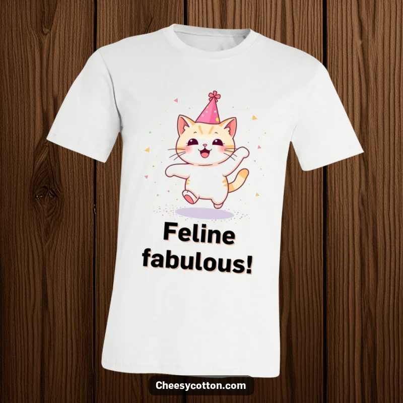 Funny t-shirt with a Kawaii cat in a party hat, joyfully leaping through a dazzling shower of glitter, radiating pure happiness.