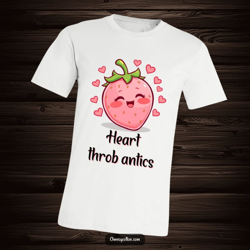 Funny kawaii strawberry giggling while juggling small hearts, printed on a soft t-shirt for a cheerful look.